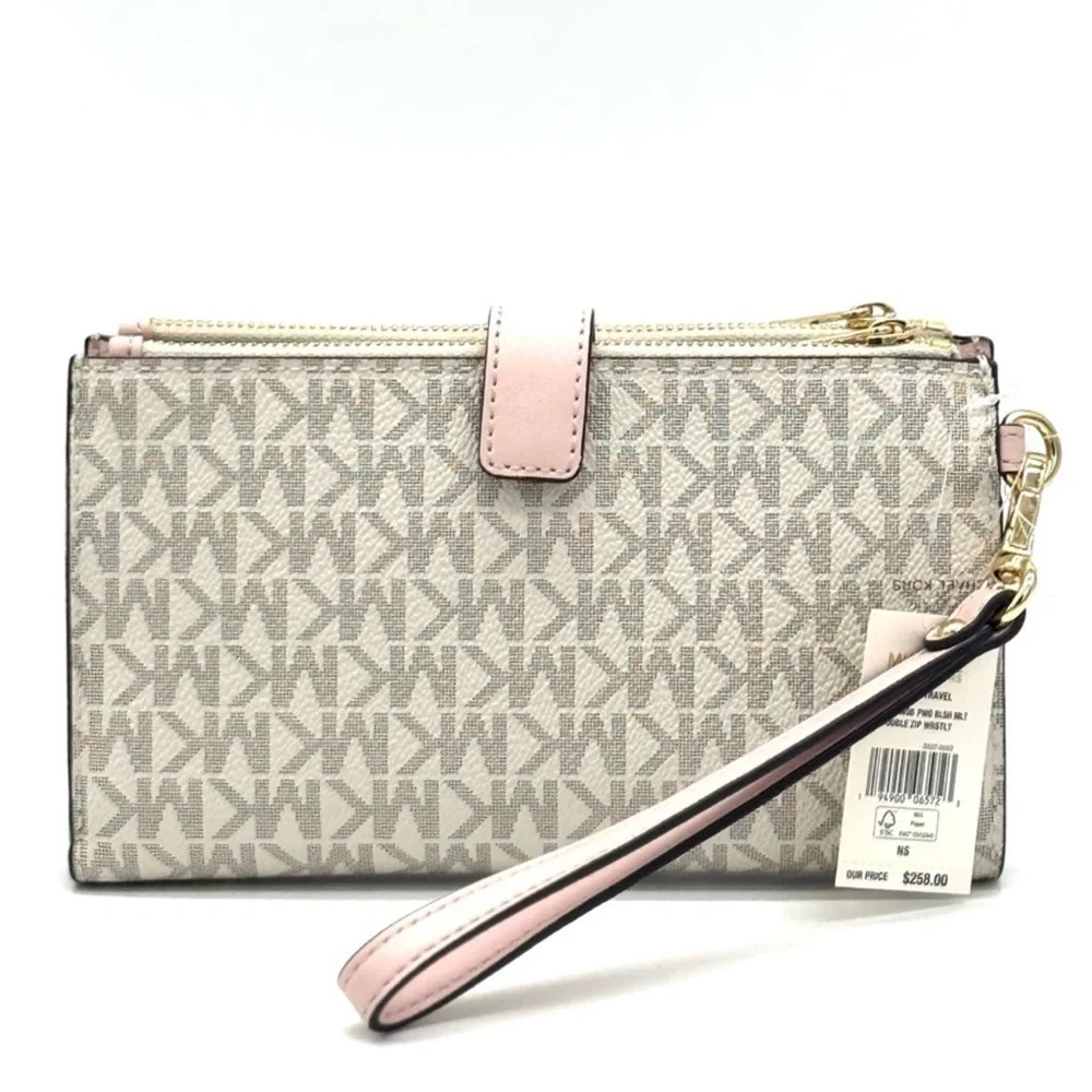 Michael Kors Large Double Zip Wallet Wristlet Powder Blush Multi
